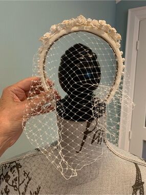 Source Unknown Ivory Floral Headband with Birdcage Veil